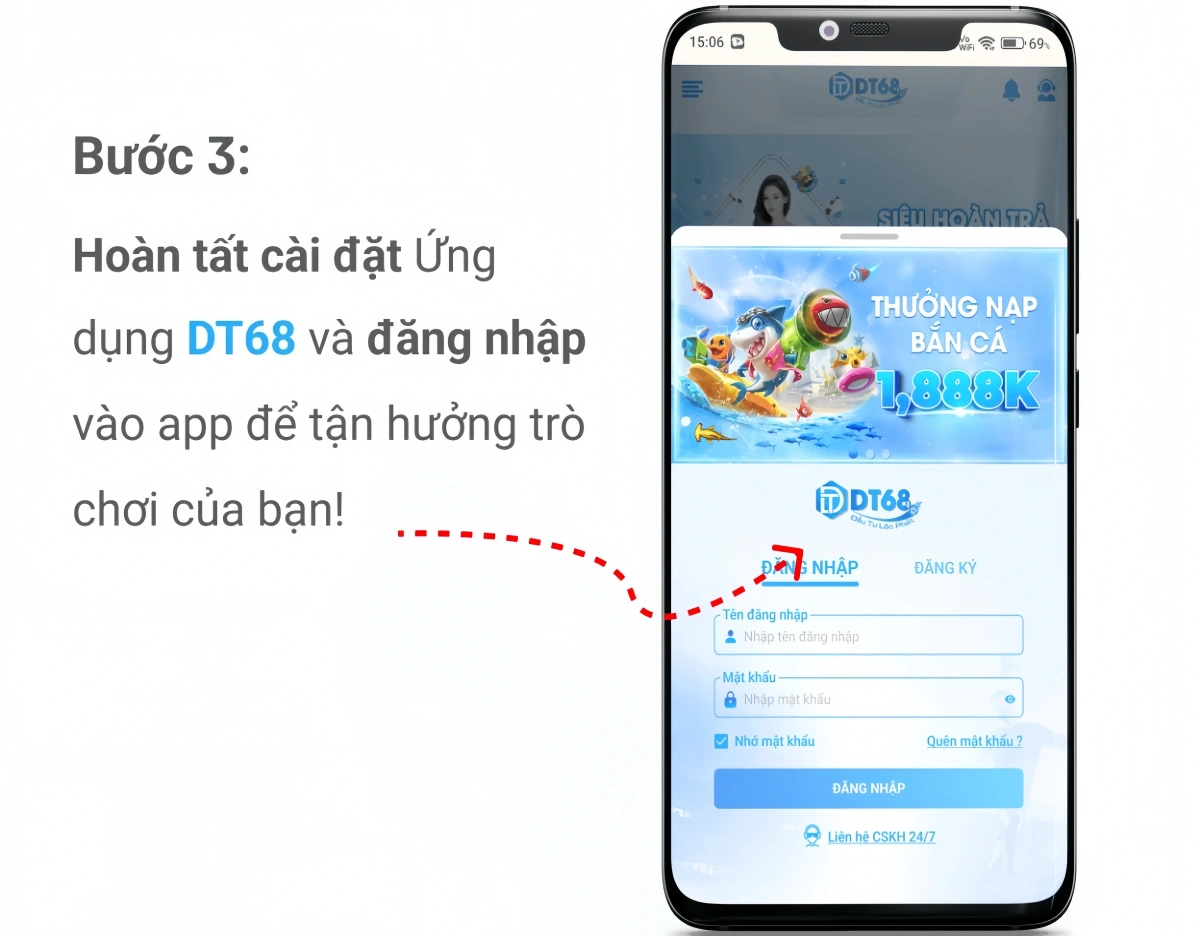 Màn hình đăng nhập ứng dụng di động DT68